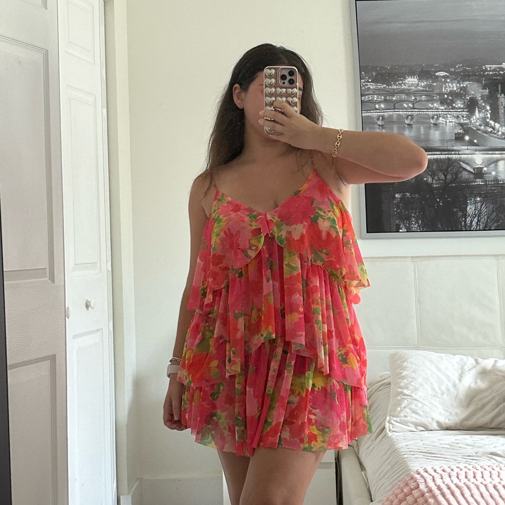 Zara Tulle Pink Orange & Green Mini Dress Size M